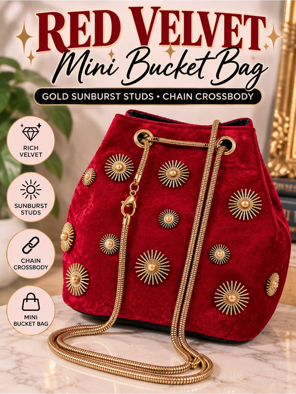 Red Velvet Mini Bucket Bag with Gold Sunbursts and Chain Crossbody - New